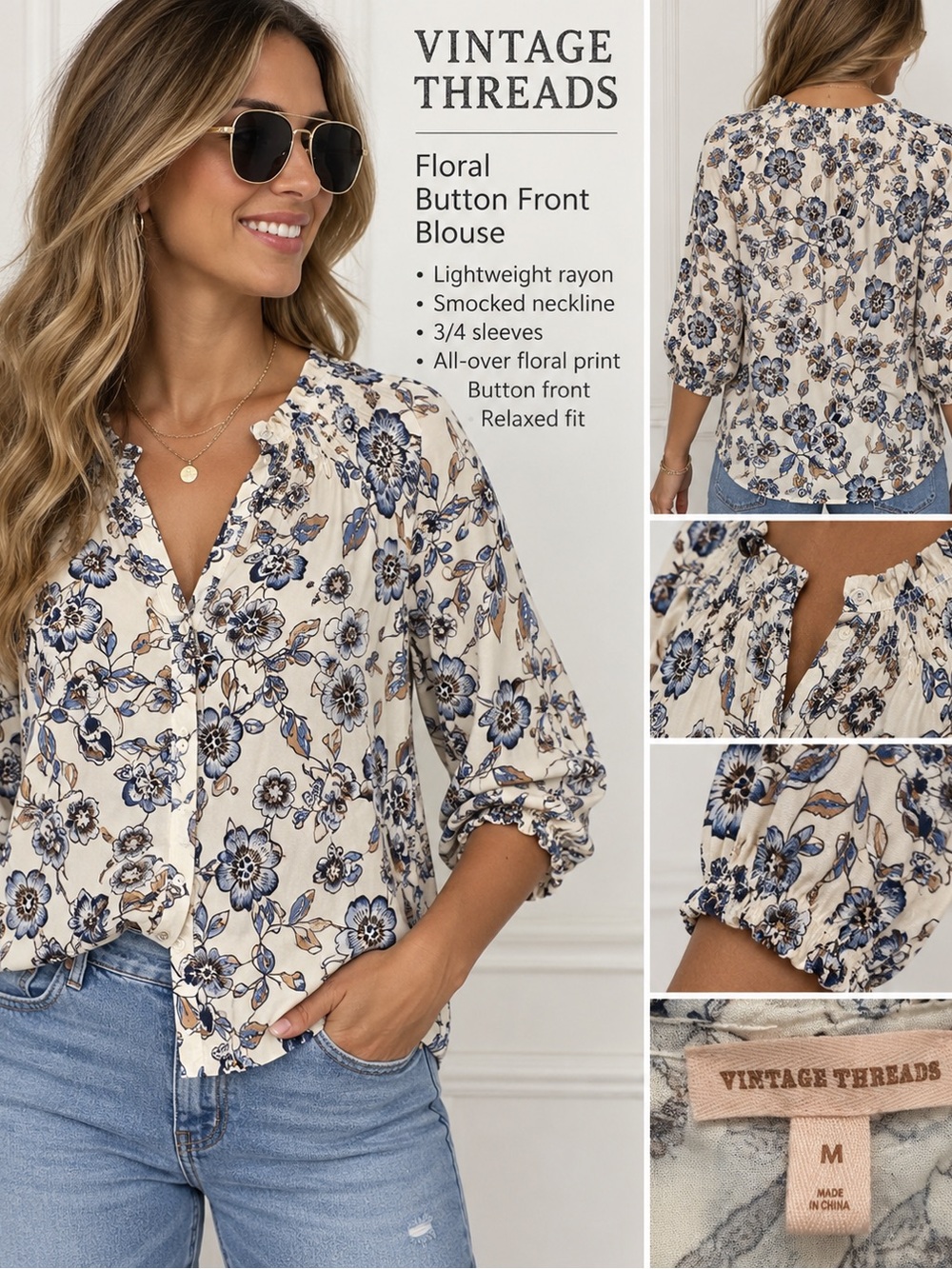 Vintage Threads Floral Button-Front Blouse – Size Medium